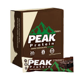 Peak Protein envase frontal del paquete de 12 barras mostrando etiqueta y beneficios