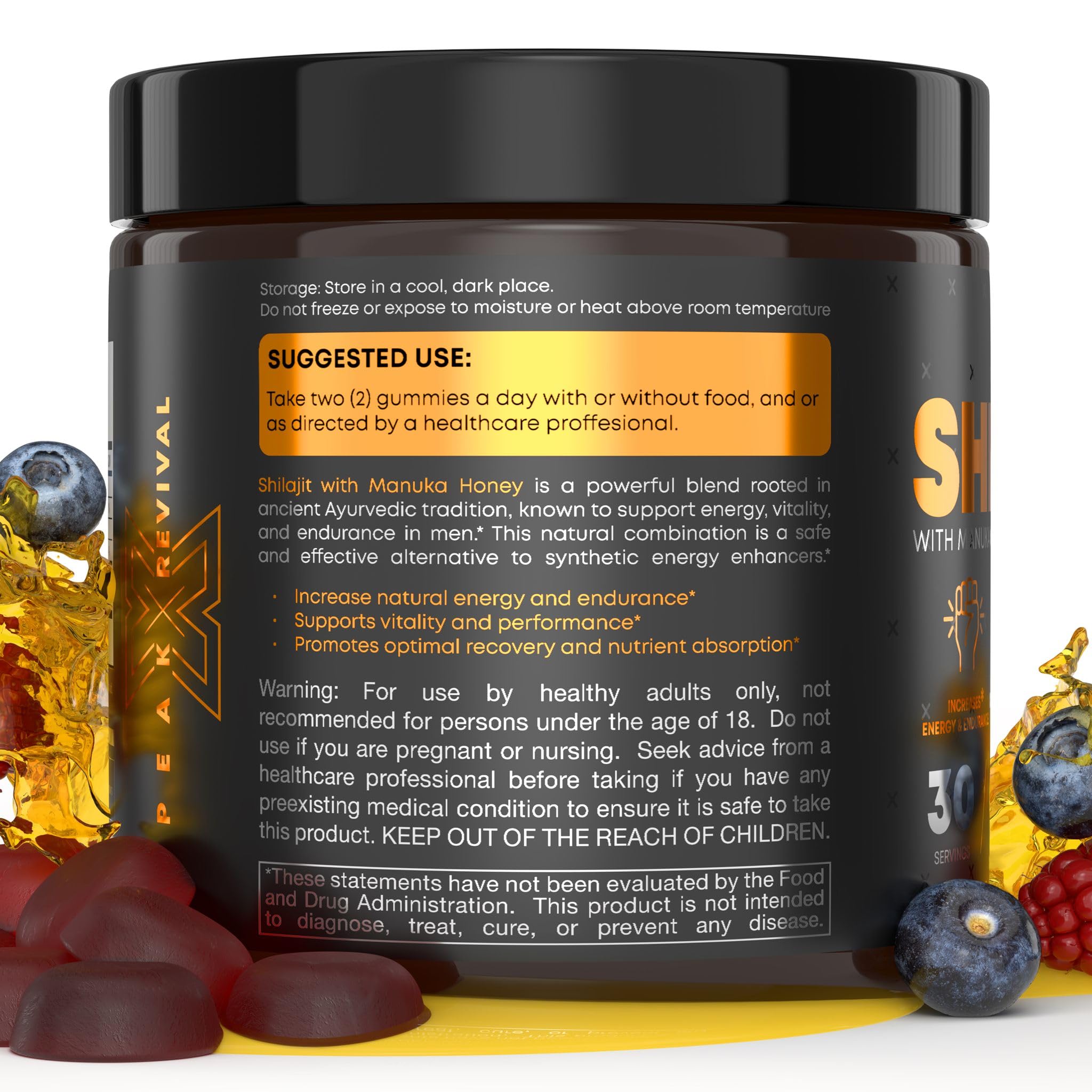 Peak Revival-X ingredientes: miel Manuka y shilajit, apoyo nutritivo