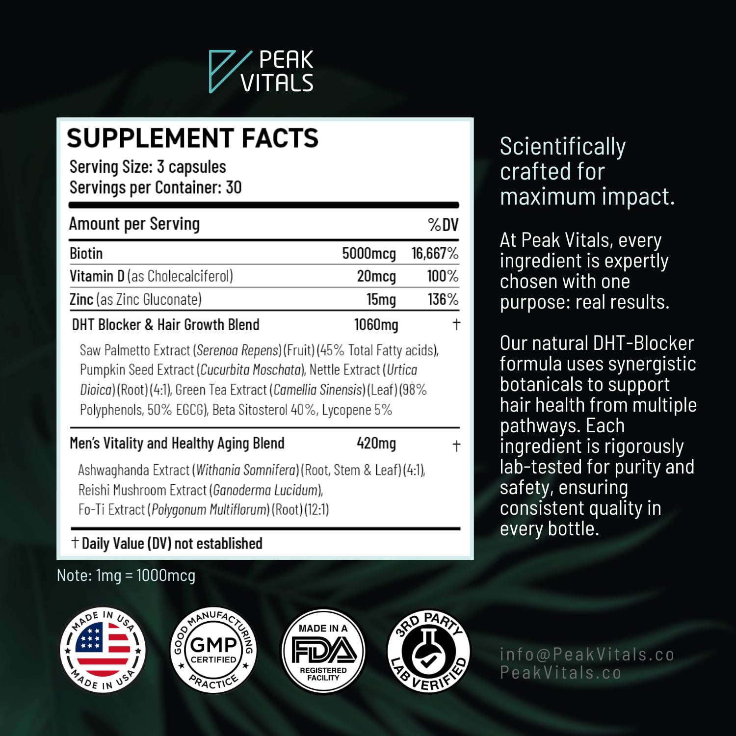 PEAK VITALS botella abierta con cápsulas para suplementación diaria
