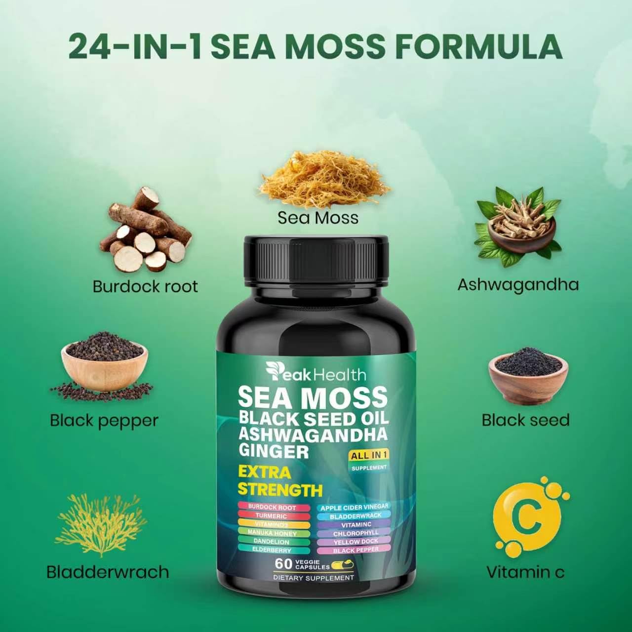 Peakhealth cápsula abierta con polvo vegetal para fácil comprensión