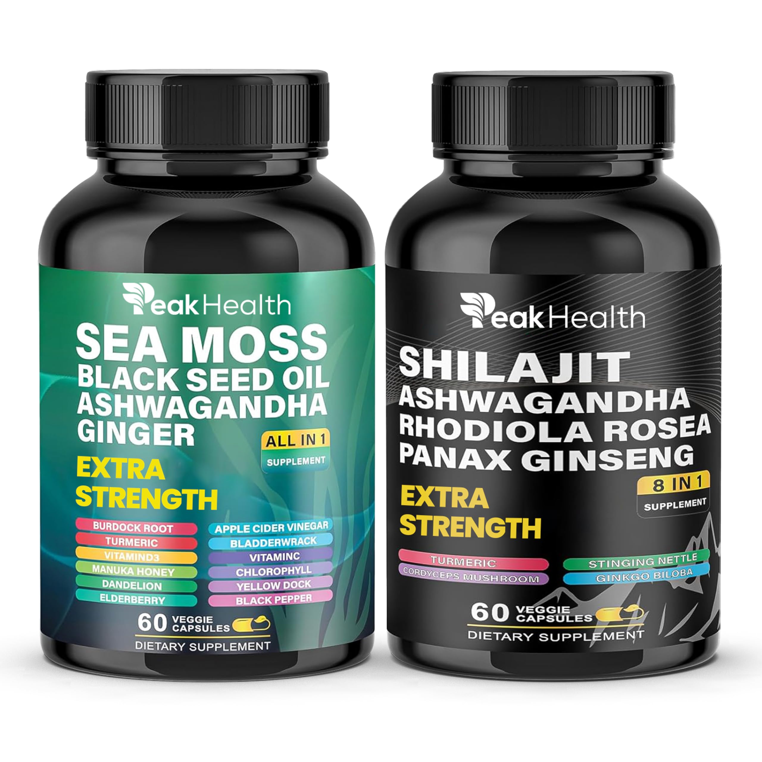 Peakhealth frascos frontales mostrando pack doble y diseño claro