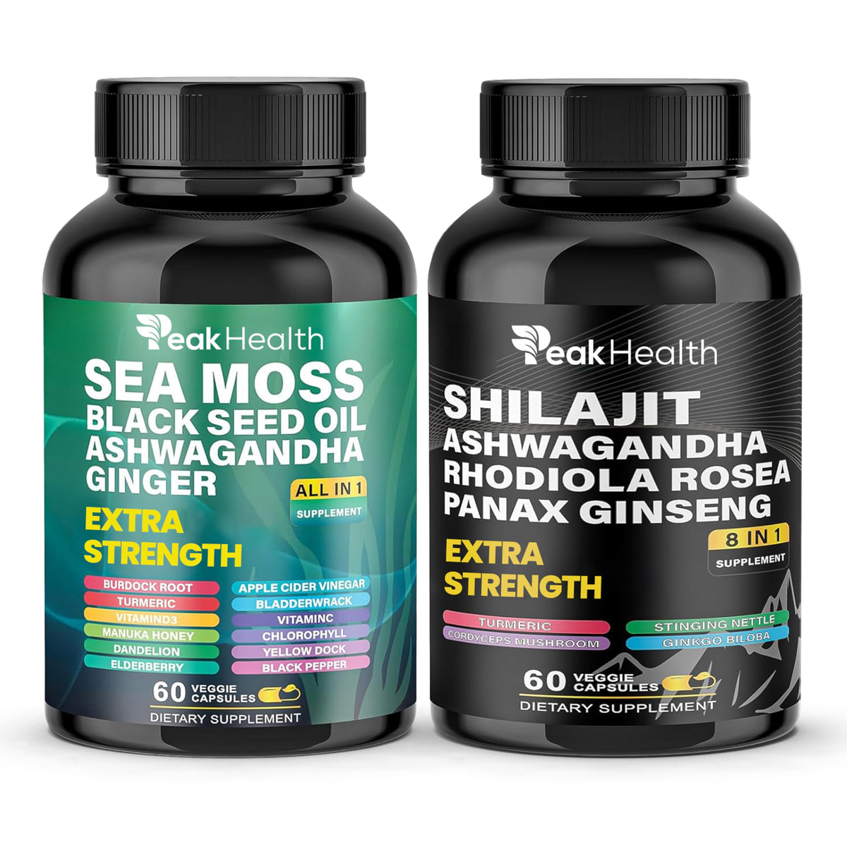 Peakhealth frascos frontales mostrando pack doble y diseño claro