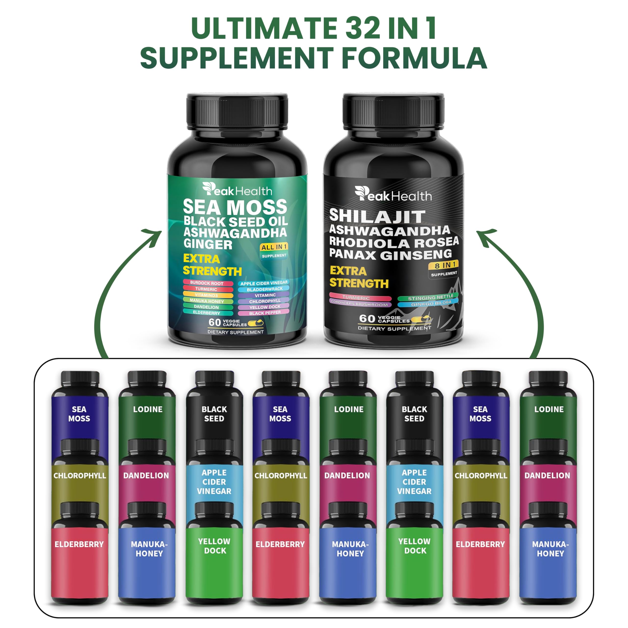 Peakhealth ingredientes secos dispersos ilustrando la mezcla 32 en 1