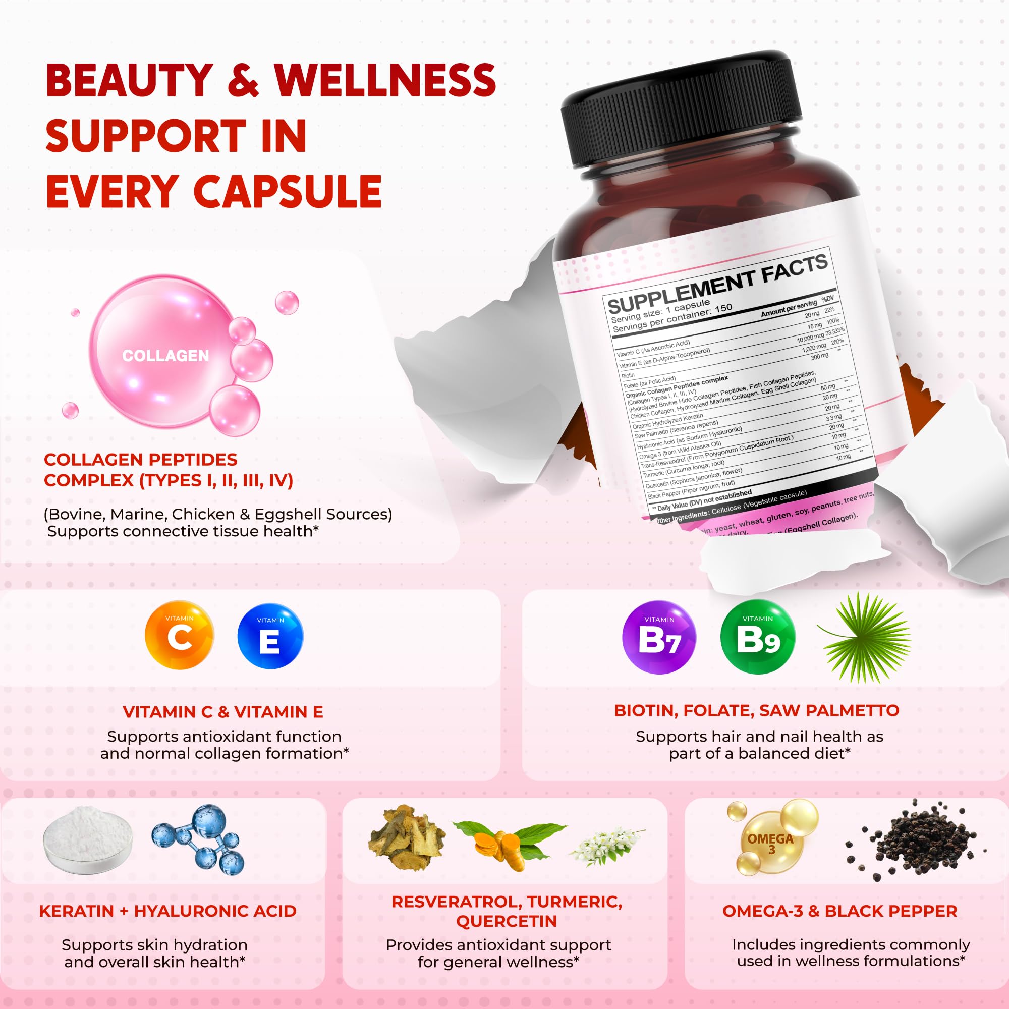 PEAKPURY etiqueta de ingredientes destacando biotina y colágeno