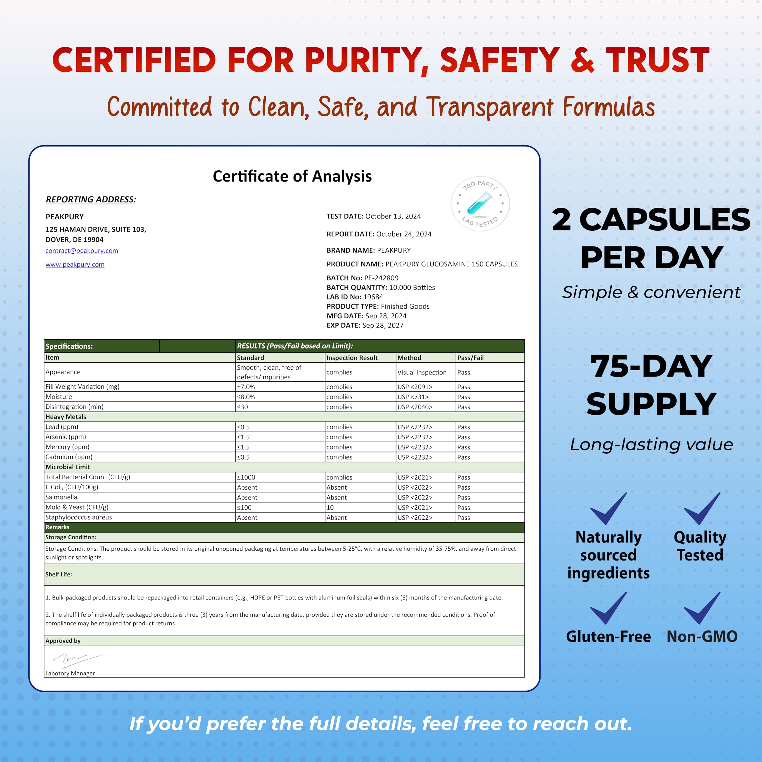 PEAKPURY etiqueta nutricional enfocada, informando dosis y pureza