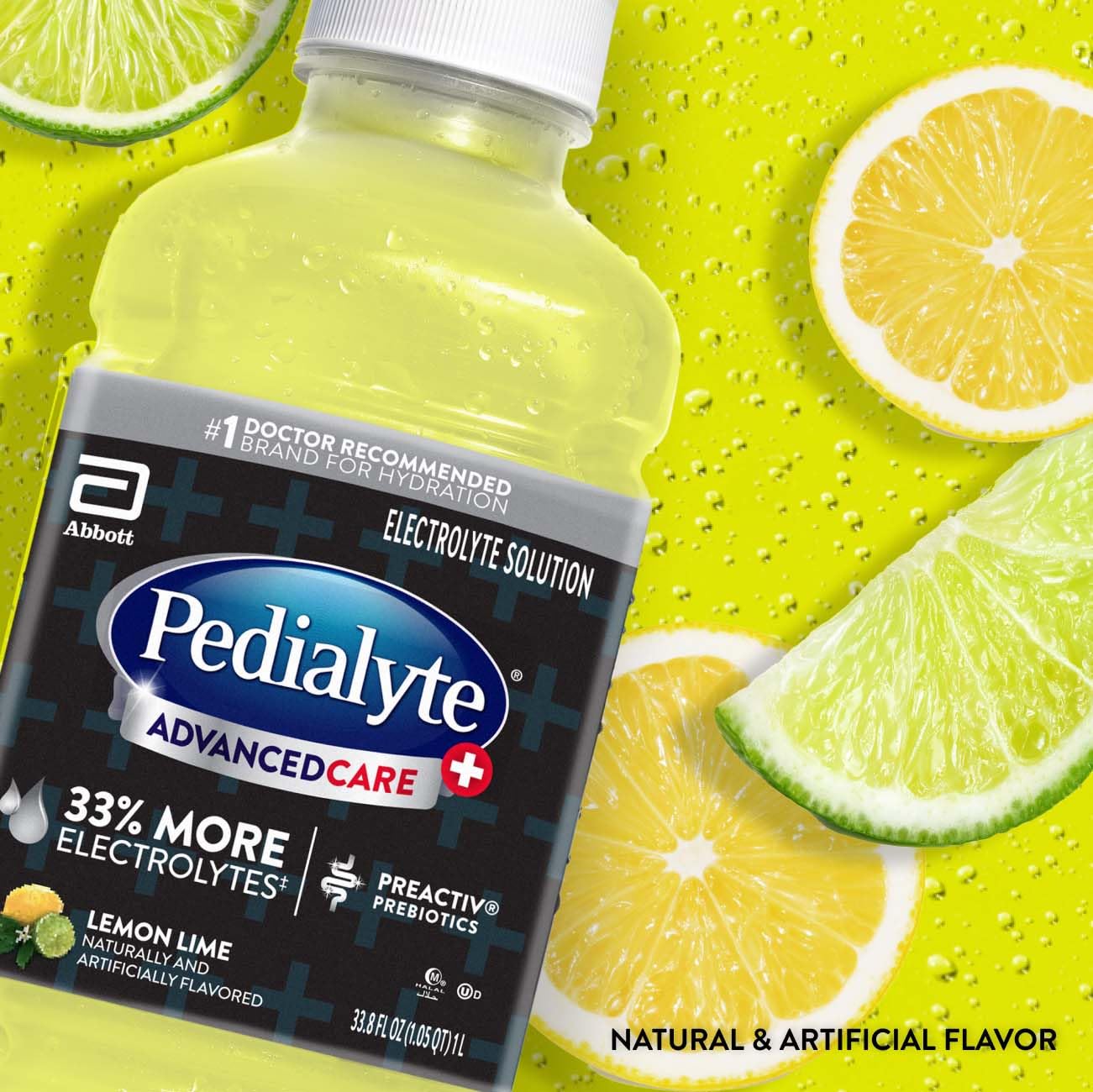 Primer plano de etiqueta Pedialyte AdvancedCare Plus destacando electrolitos y prebióticos