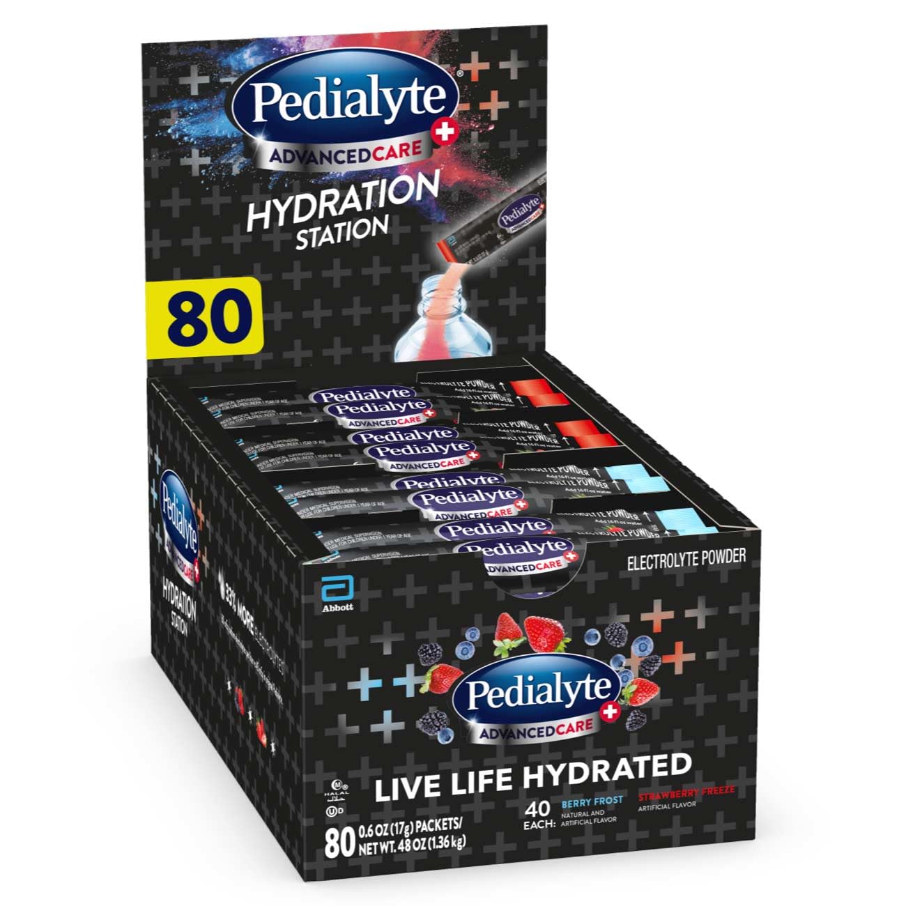 Pedialyte AdvancedCare Plus frente del empaque mostrando variedad y conveniencia
