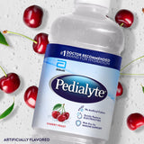 Detalle del líquido Cherry Frost en botella Pedialyte, aspecto claro y apetecible