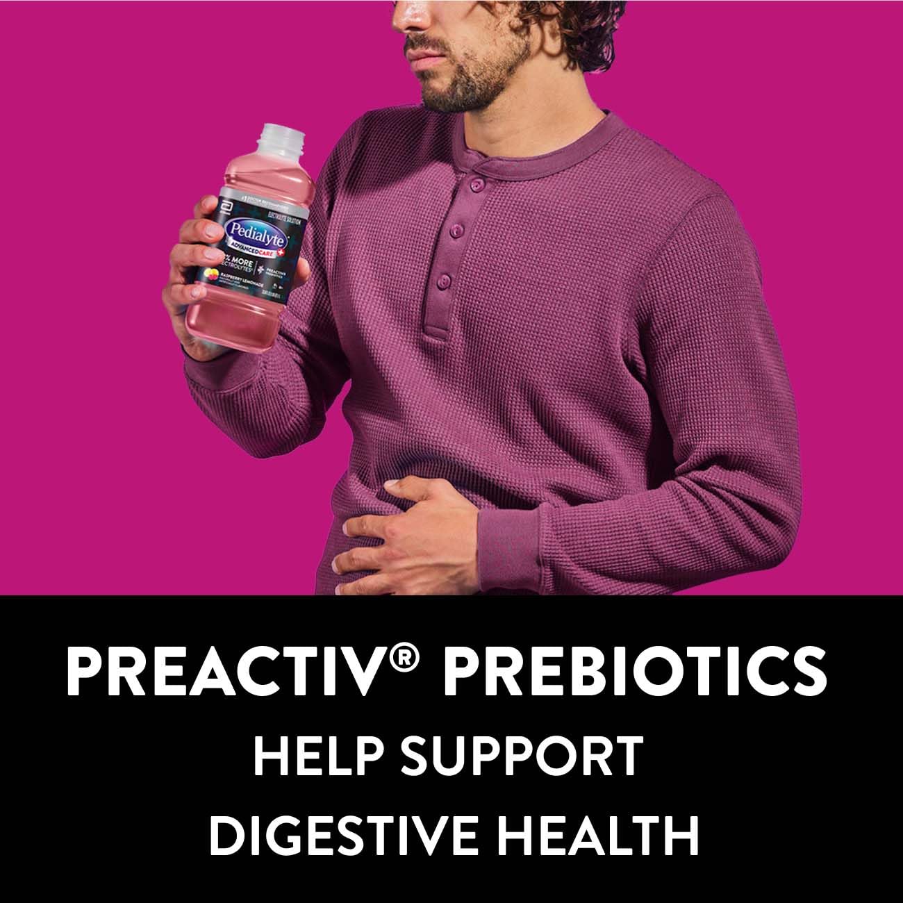 Pedialyte junto a vaso para comparar tamaño y porción por litro