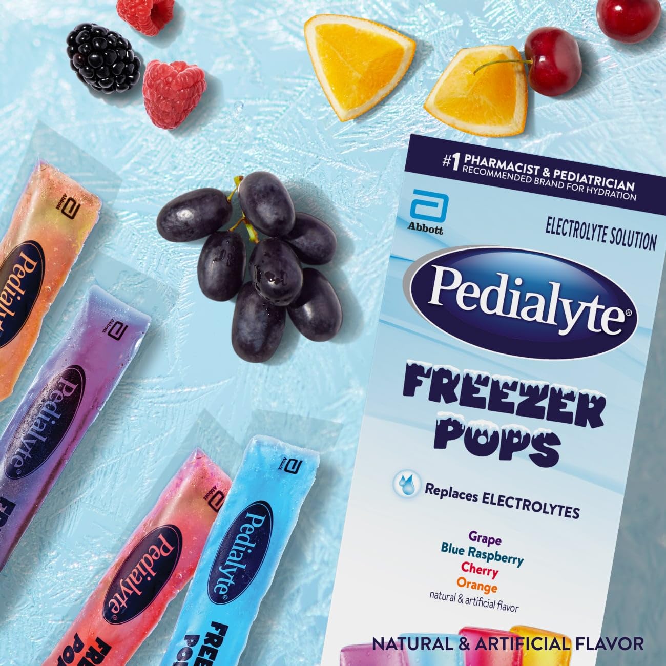 Detalle del tubo Pedialyte Freezer Pop para ver textura y sello, práctico y limpio