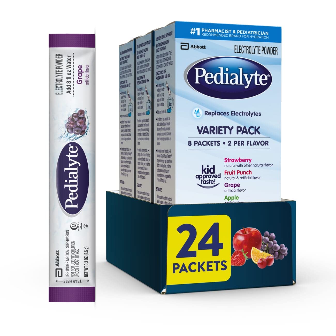 Pedialyte empaque frontal con variedad de sabores y conveniencia