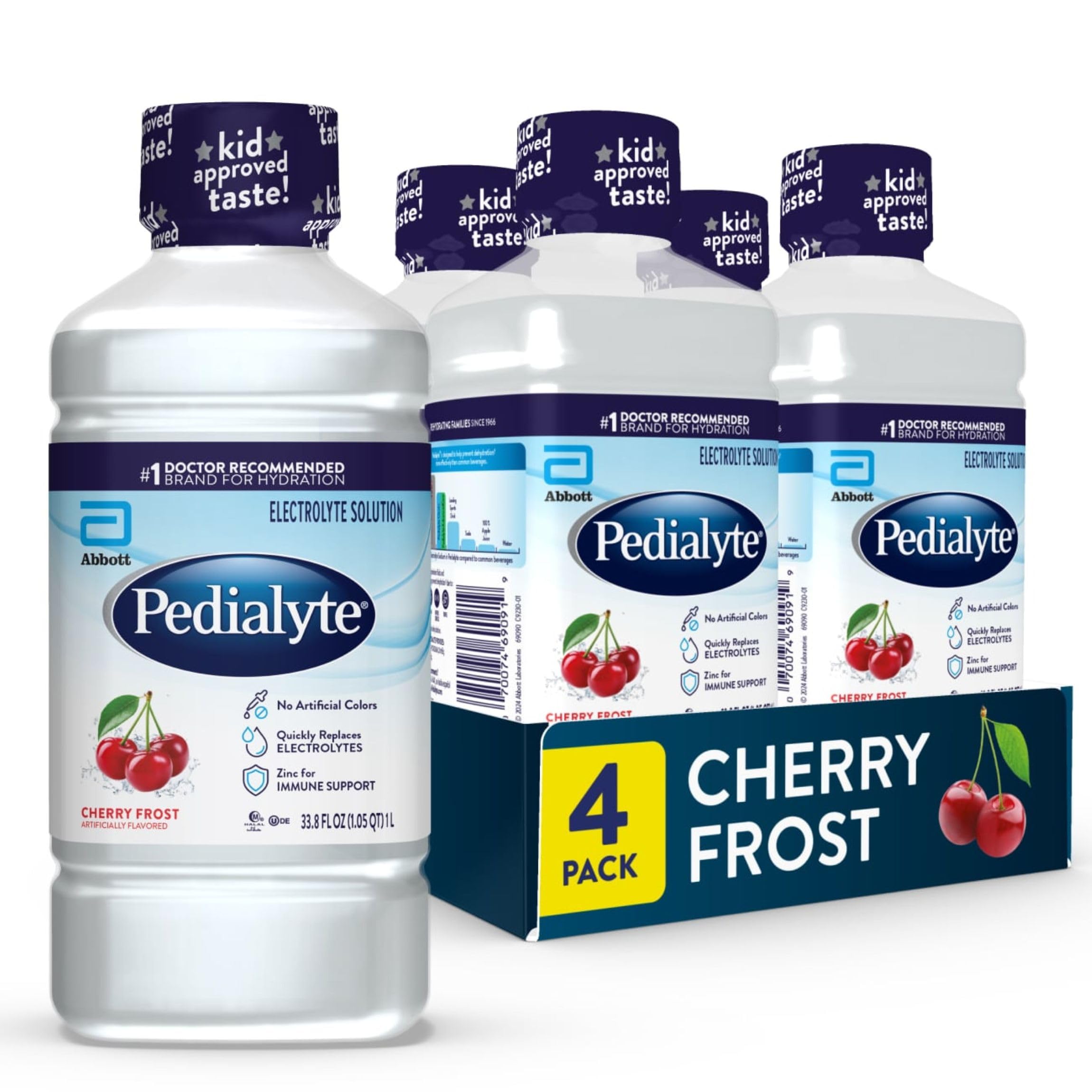 Pedialyte frente paquete de cuatro mostrando botellas, rehidratación rápida