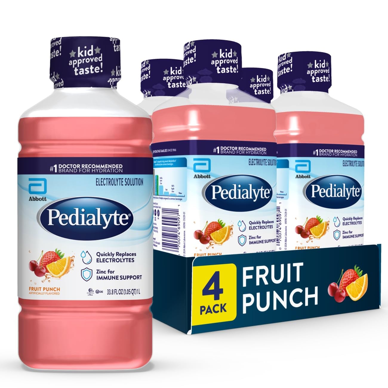 Pedialyte frontal del envase mostrando 1 litro y beneficios de rehidratación