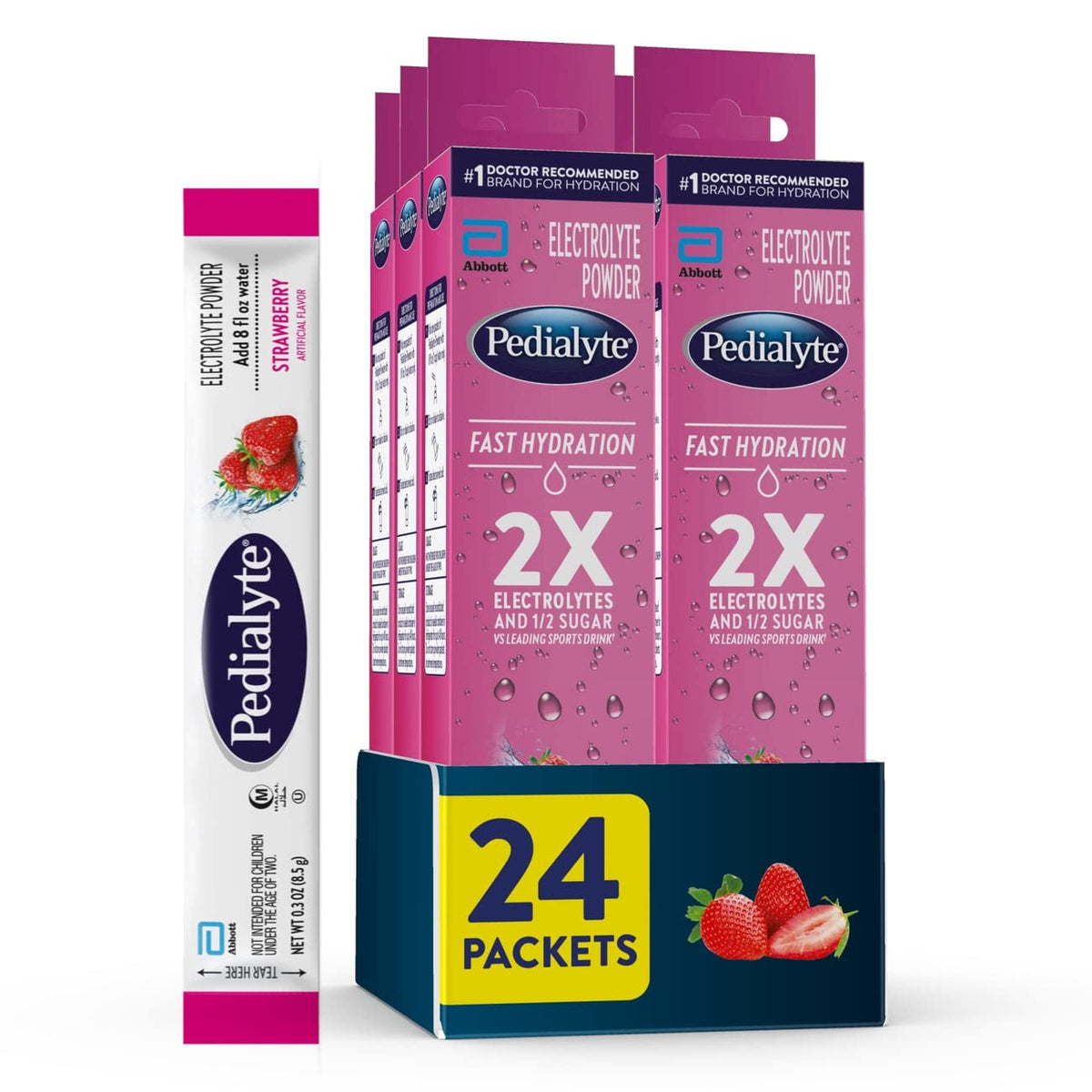 Pedialyte envase frontal mostrando 24 sobres y beneficio conveniencia