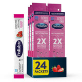 Pedialyte envase frontal mostrando 24 sobres y beneficio conveniencia