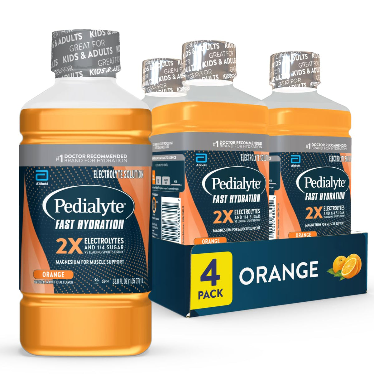 Pedialyte envase naranja frente mostrando etiqueta y beneficios