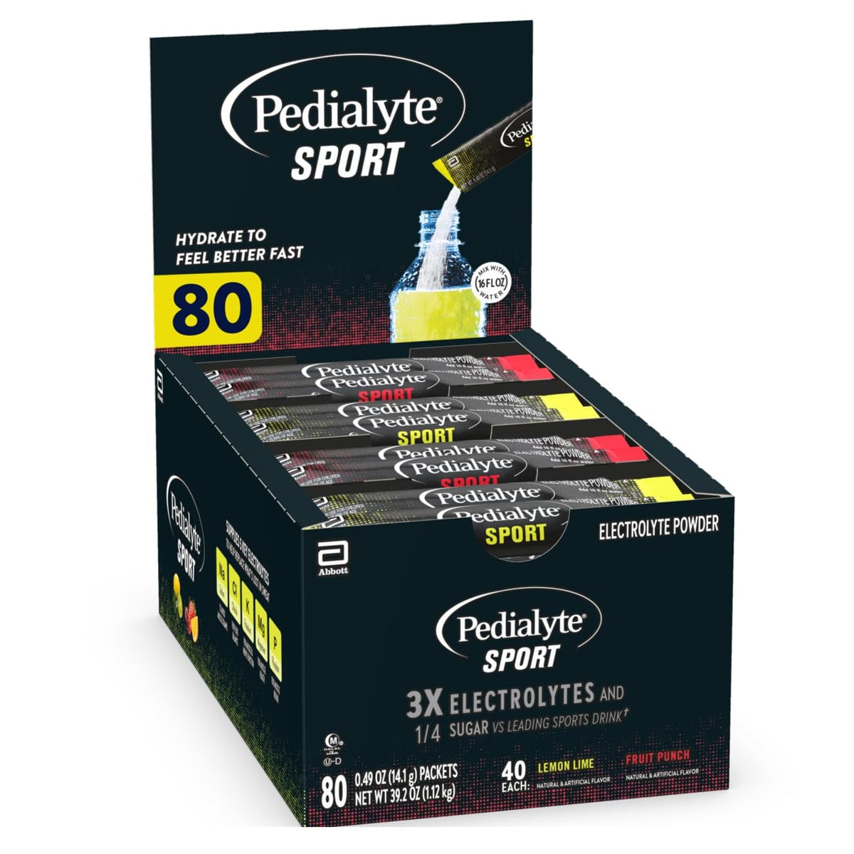Pedialyte pack frente mostrando 80 sobres y beneficios de hidratación