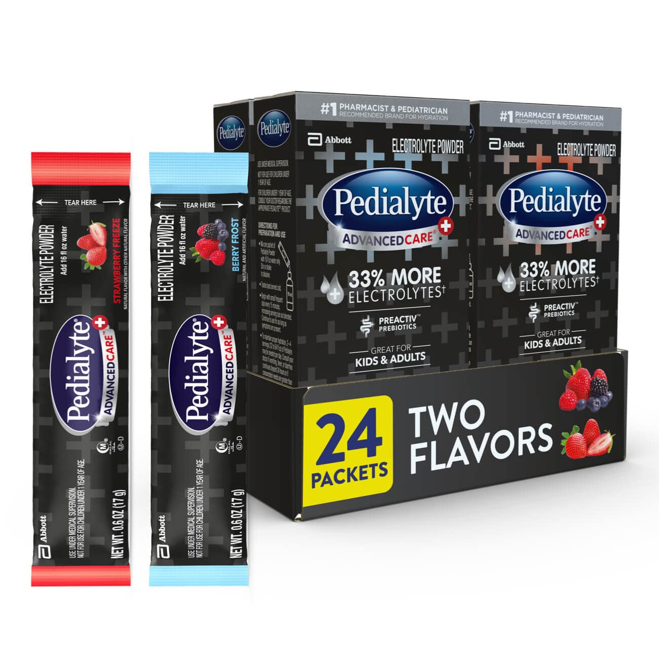 Pedialyte envase frontal mostrando pack variedad y beneficios rápidos