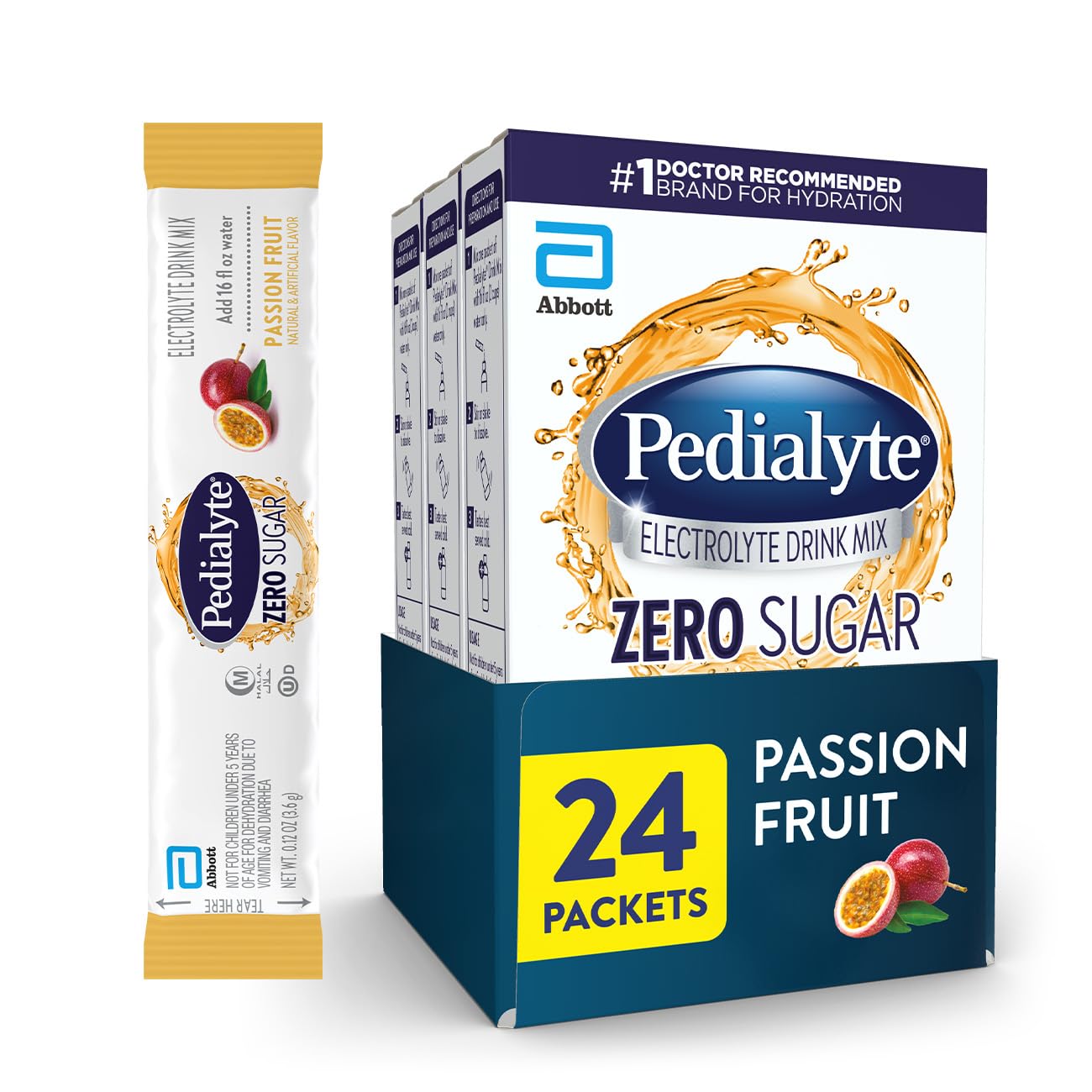 Pedialyte frente del empaque Passion Fruit mostrando sobres y beneficios prácticos