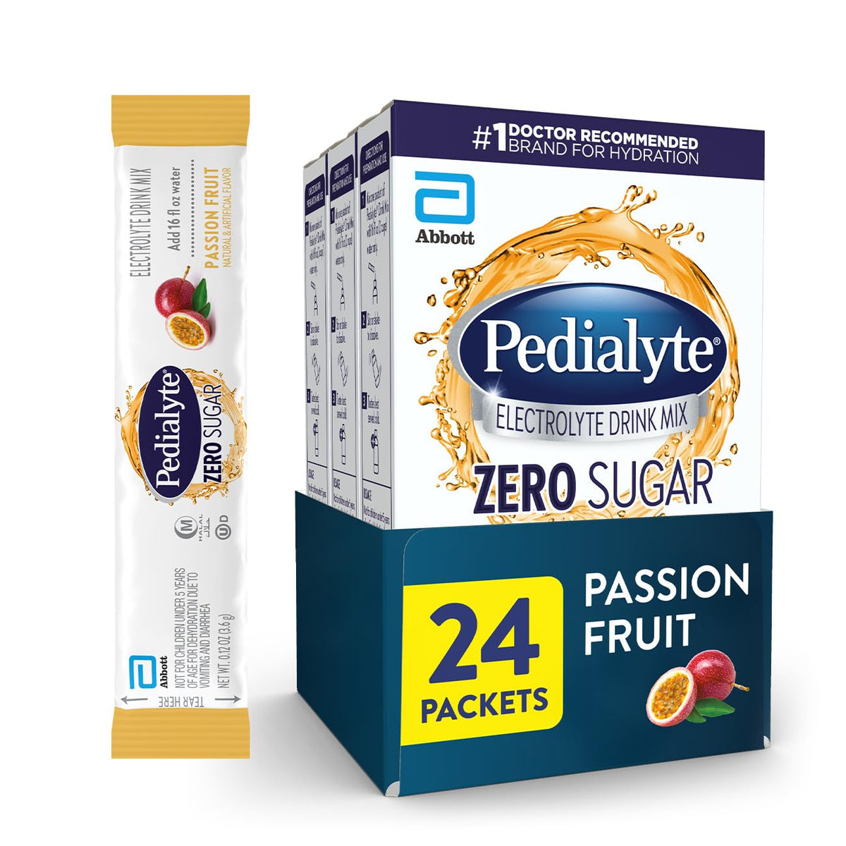 Pedialyte frente del empaque Passion Fruit mostrando sobres y beneficios prácticos