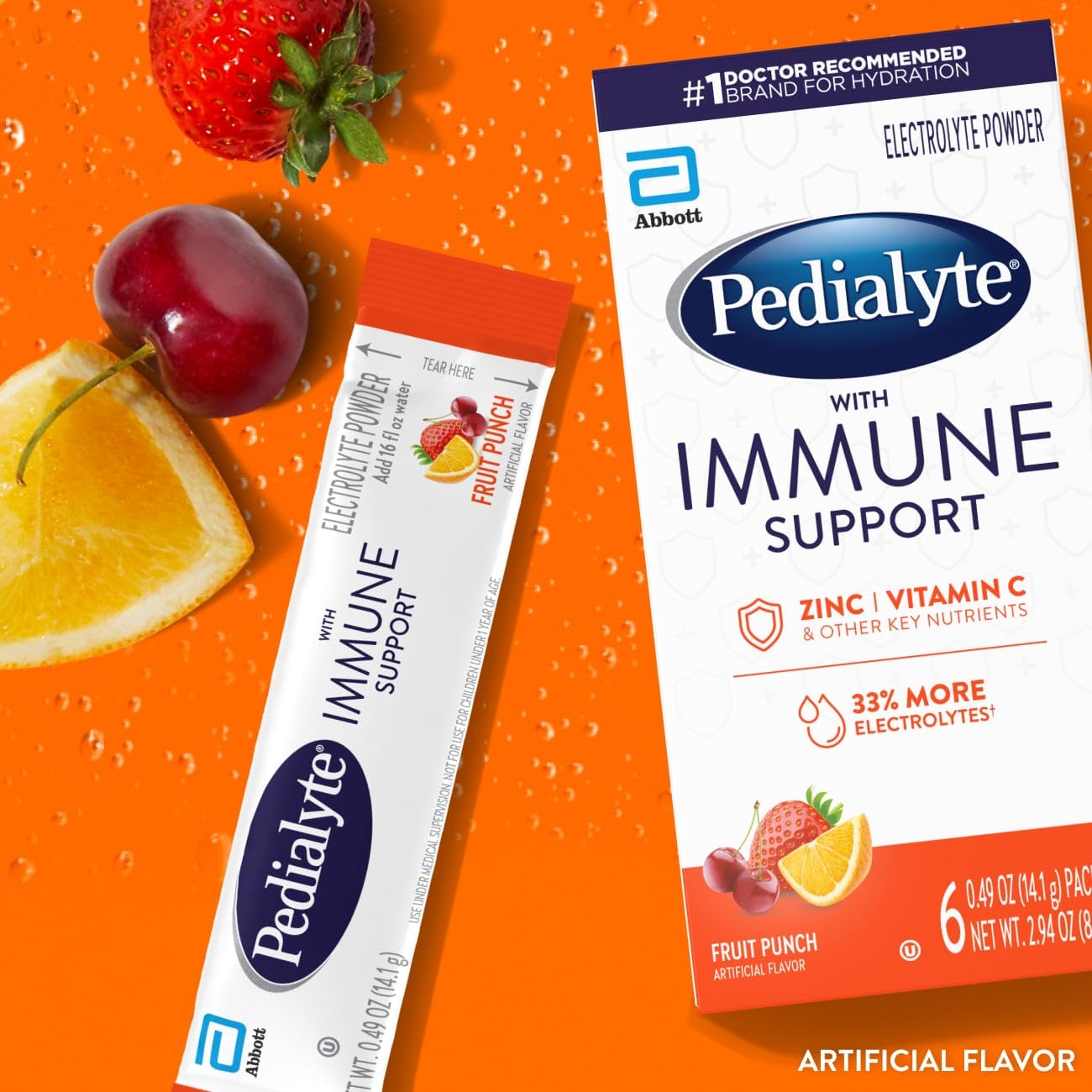Pedialyte sobre abierto con polvo visible, textura fina para disolución fácil