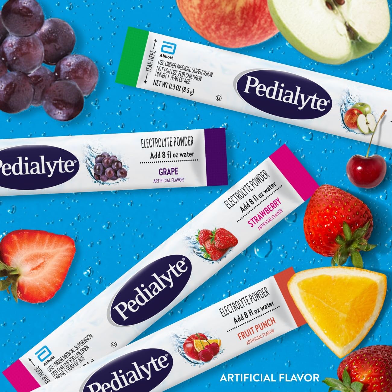 Pedialyte primer plano del polvo en sobre mostrando textura práctica