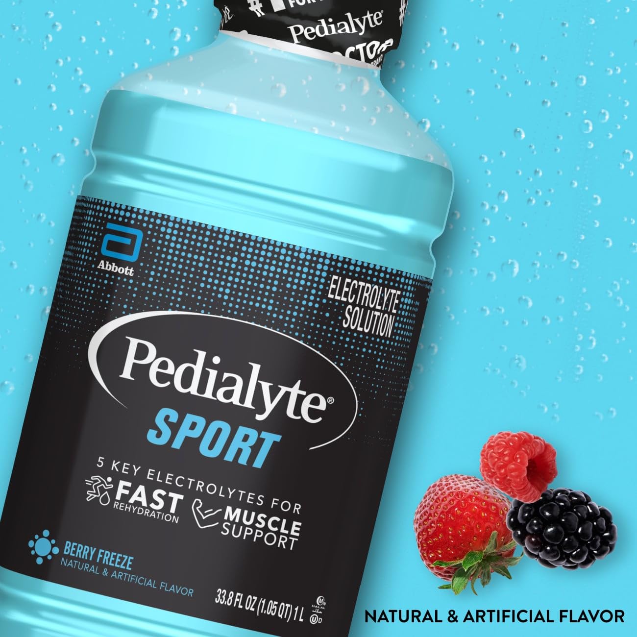 Detalle de etiqueta Pedialyte Sport destacando electrolitos clave y beneficios