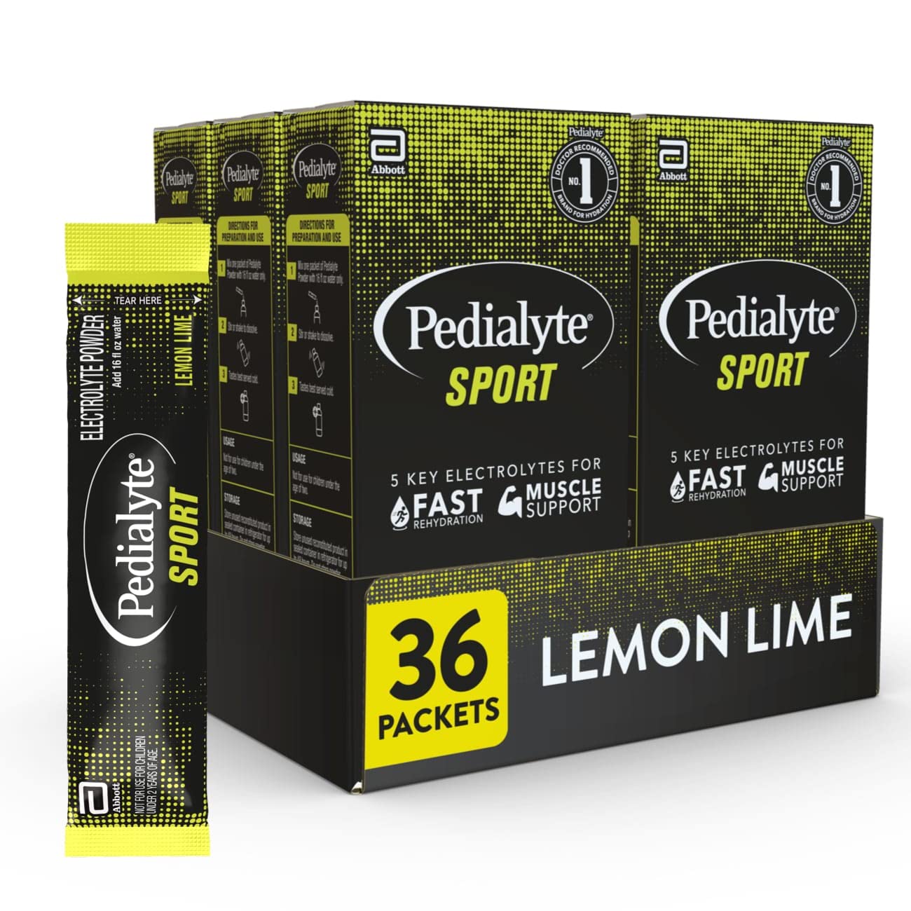 Pedialyte Sport frente del paquete mostrando sobres y marca, hidratación rápida