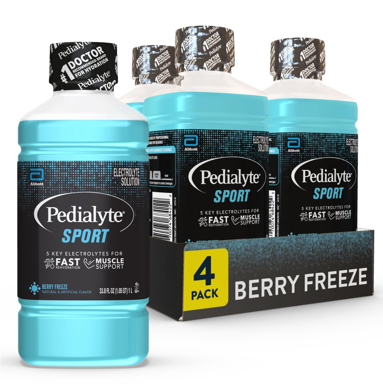 Pedialyte Sport pack de 4 mostrando botellas Berry Freeze para hidratación rápida