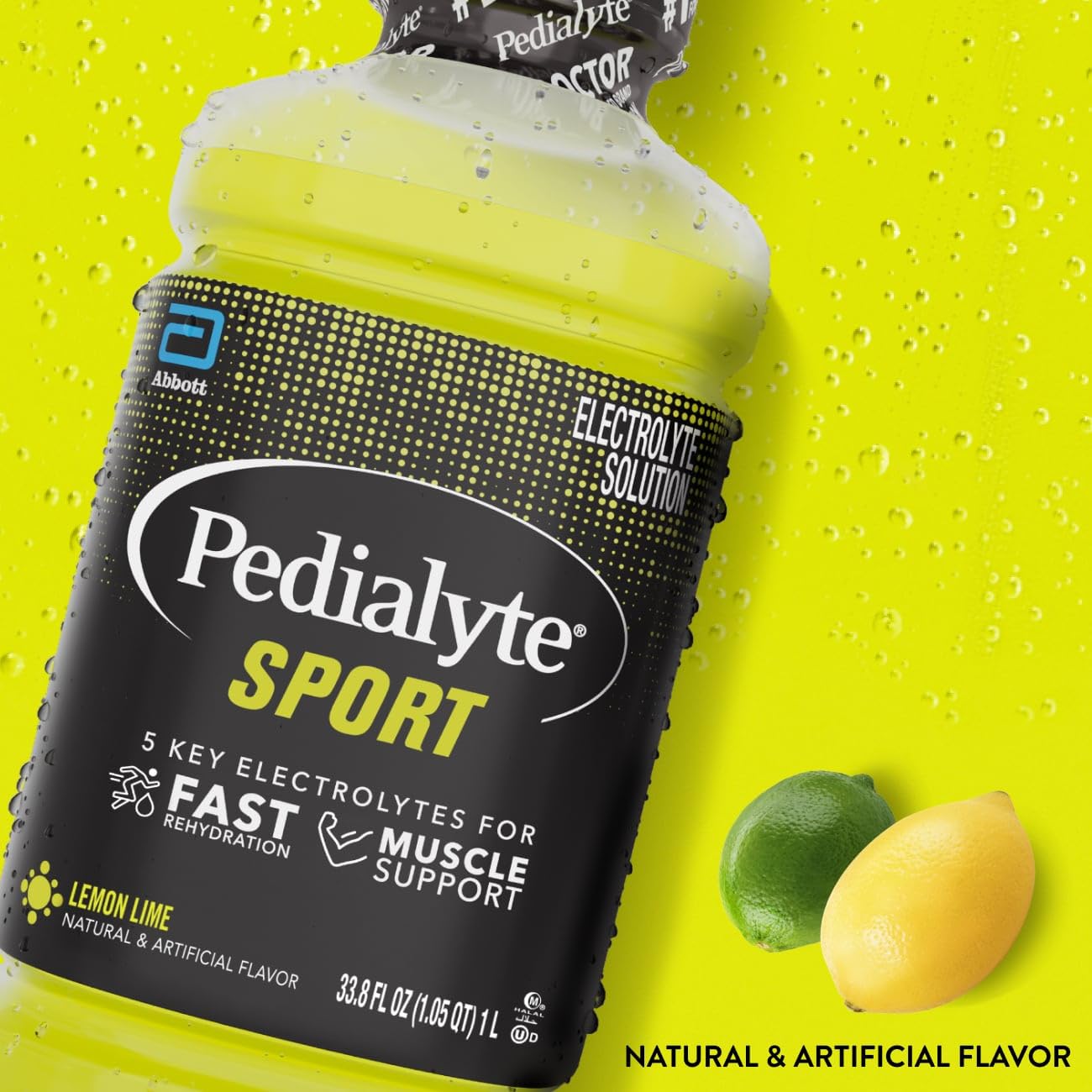Detalle de etiqueta Pedialyte Sport resaltando electrolitos y bajo azúcar