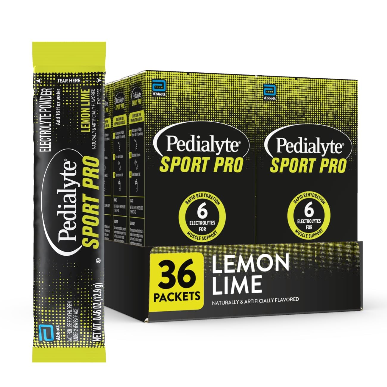Pedialyte Sport Pro frente del empaque mostrando sobres y beneficio de hidratación rápida