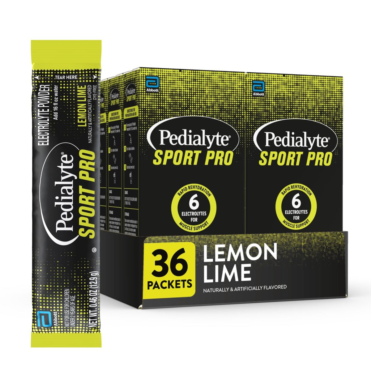 Pedialyte Sport Pro frente del empaque mostrando sobres y beneficio de hidratación rápida