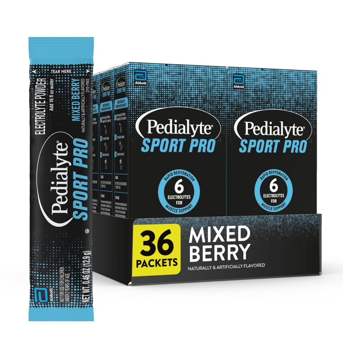 Pedialyte Sport Pro frente del empaque mostrando caja y marca Pedialyte, resalta conveniencia
