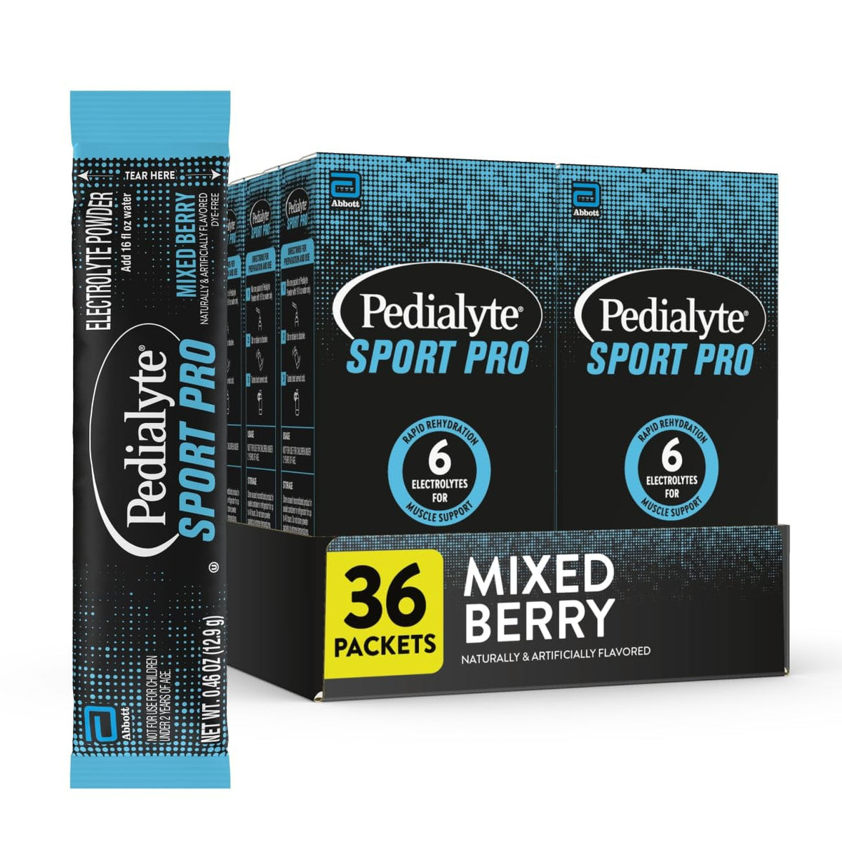 Pedialyte Sport Pro frente del empaque mostrando caja y marca Pedialyte, resalta conveniencia