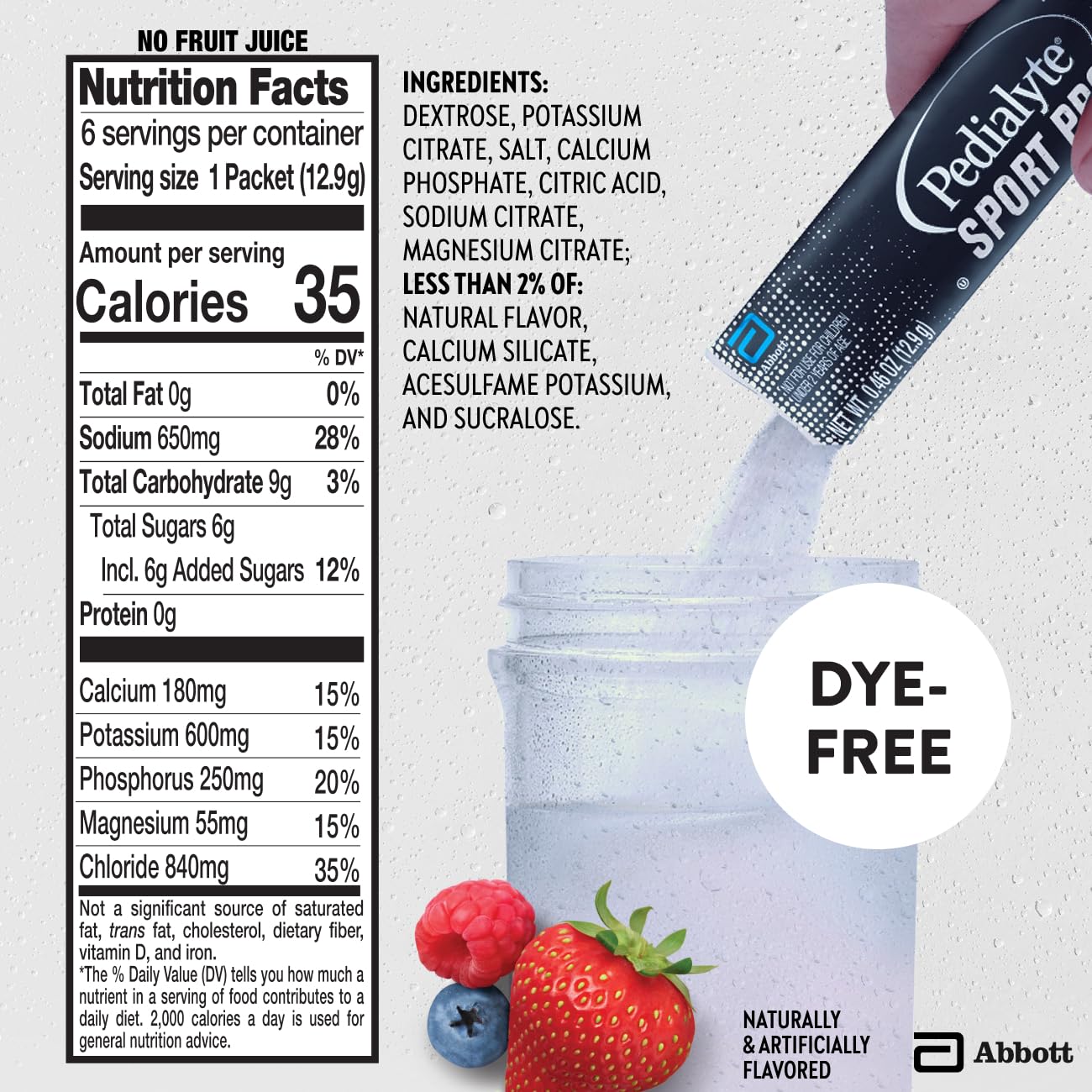 Vaso con bebida Pedialyte Sport Pro Mixed Berry preparada, refrescante y lista para beber