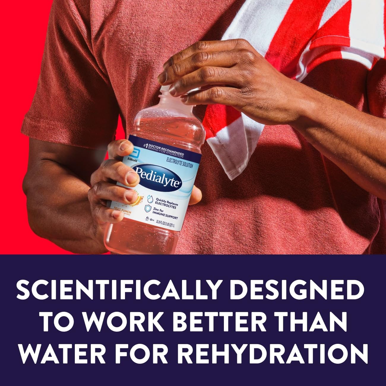 Pedialyte vertiéndose en vaso para una hidratación rápida y práctica