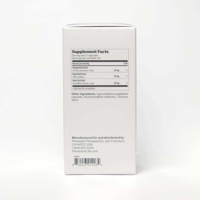 Pendulum etiqueta del frasco indicando ingredientes y pruebas de calidad