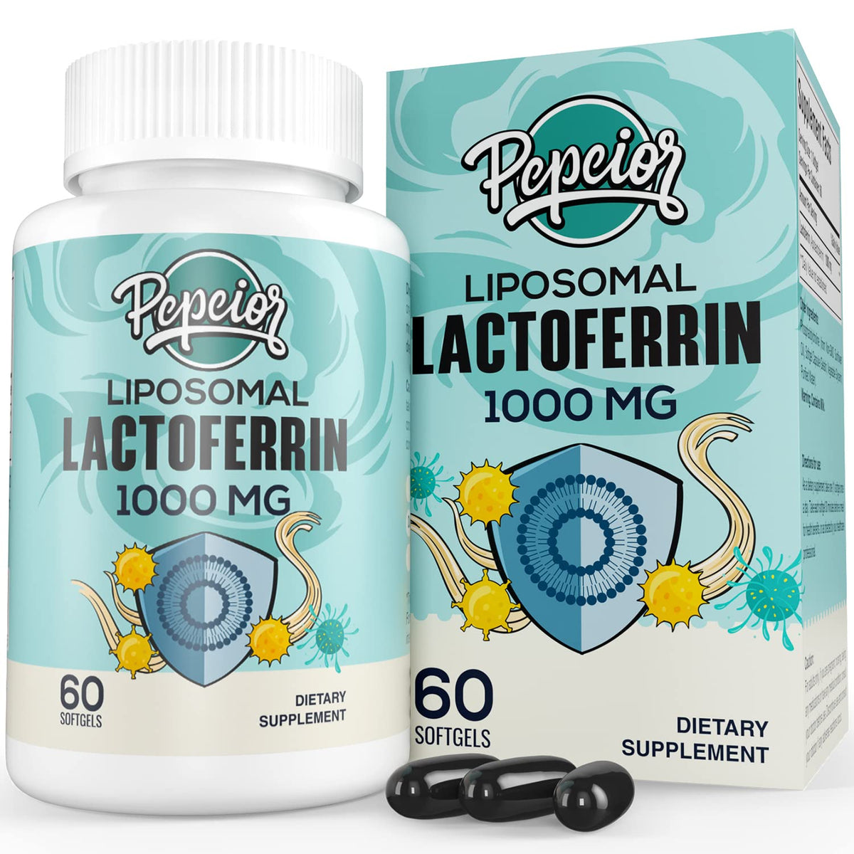 Pepeior frente del empaque mostrando 60 softgels y beneficios del producto