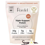 Perelel frontal del empaque mostrando sabor vainilla y beneficios