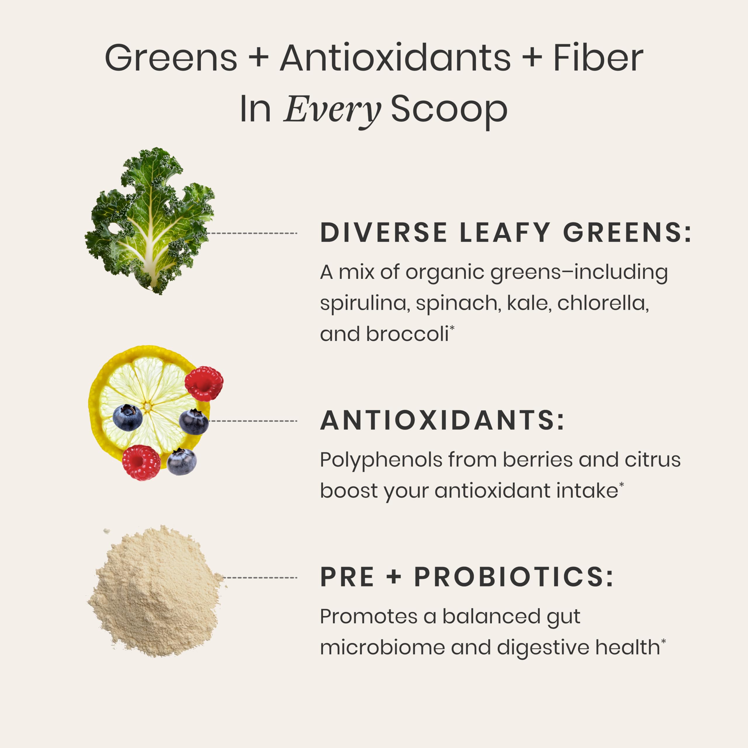 Perelel disposición de kale, spirulina y açai destacando ingredientes naturales