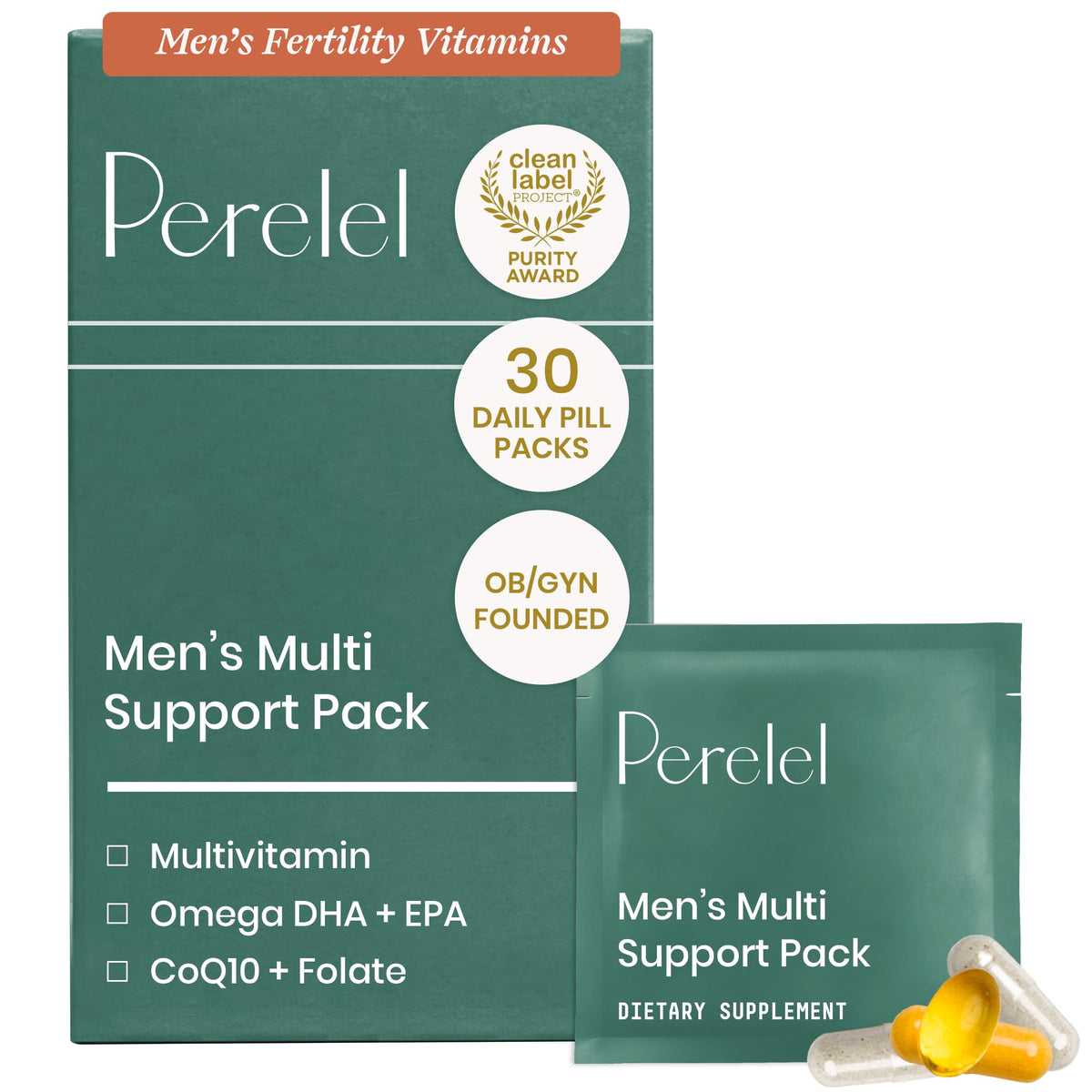 Perelel pack frontal mostrando 30 sobres para una toma diaria y comodidad