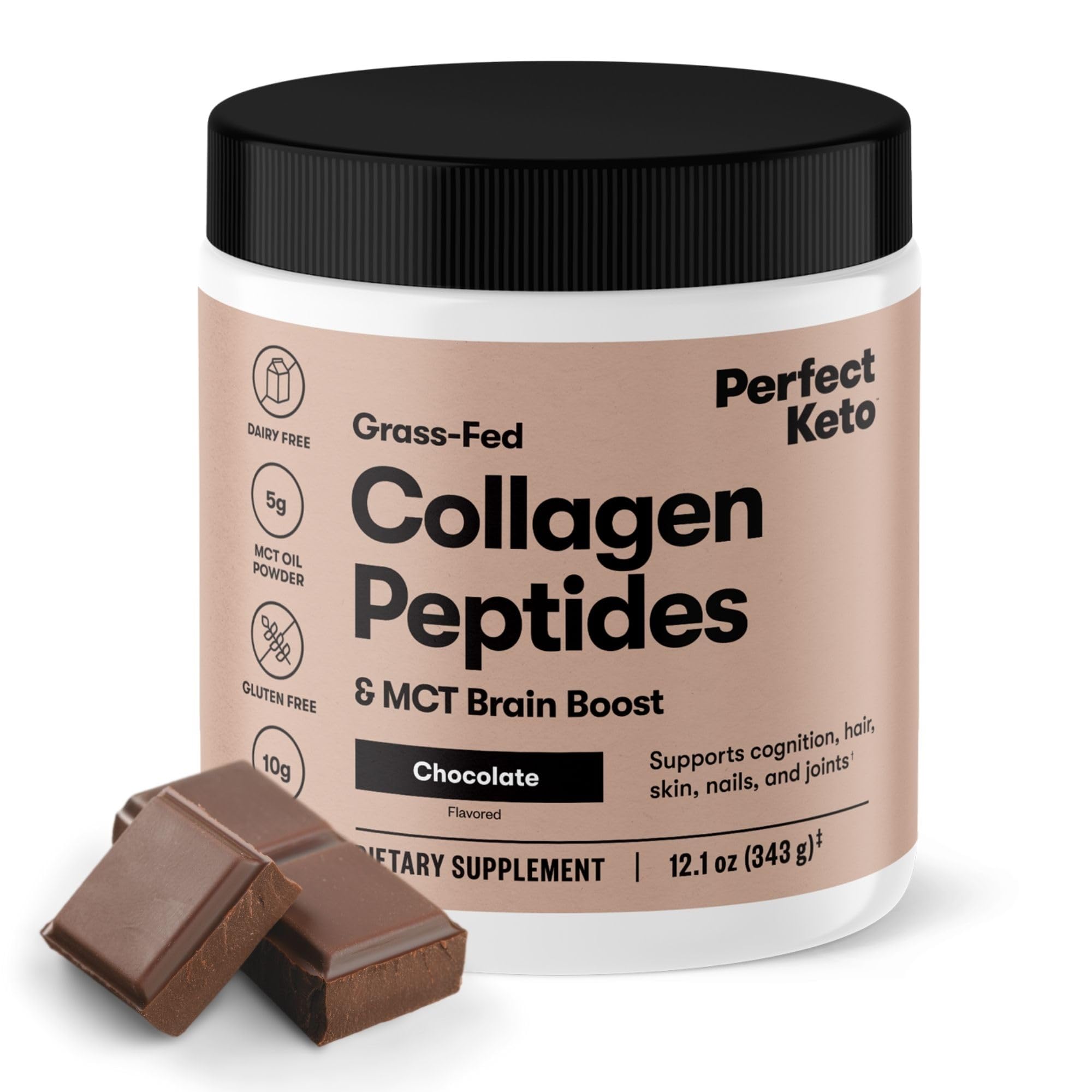 Perfect Keto envase frontal del colágeno sabor chocolate, visual atractivo y claro