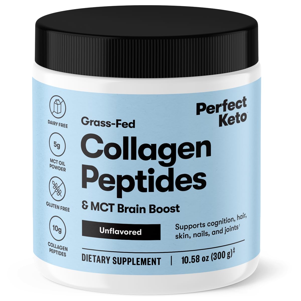 Perfect Keto envase frontal del colágeno sin sabor y beneficios visibles