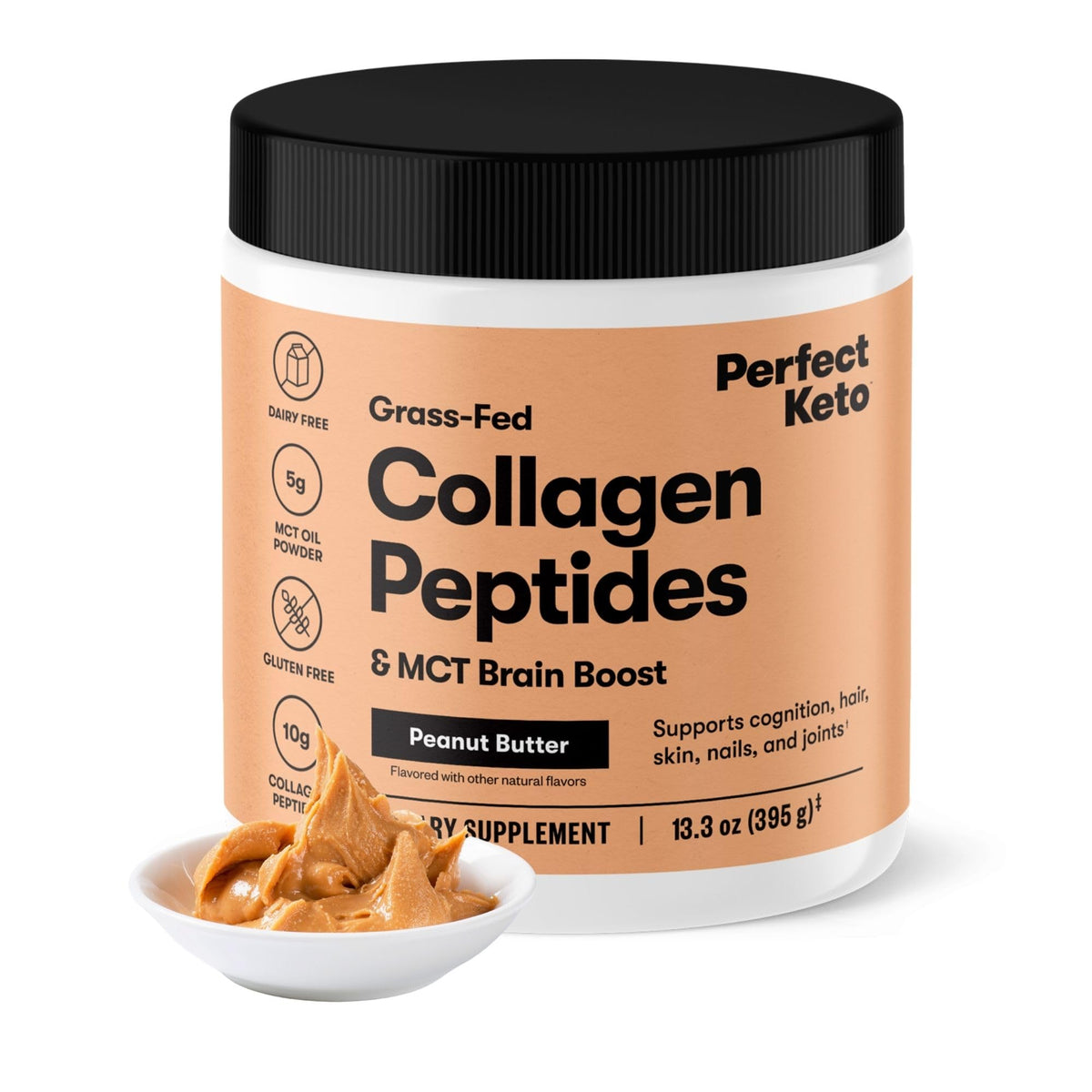 Perfect Keto frasco frontal mostrando el sabor Peanut Butter y beneficios