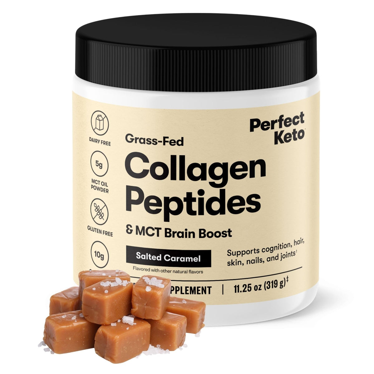 Perfect Keto envase frontal mostrando sabor caramelo salado y raciones