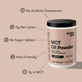 Perfect Keto comparativa de tamaño de la cuchara y envase, ayuda a medir