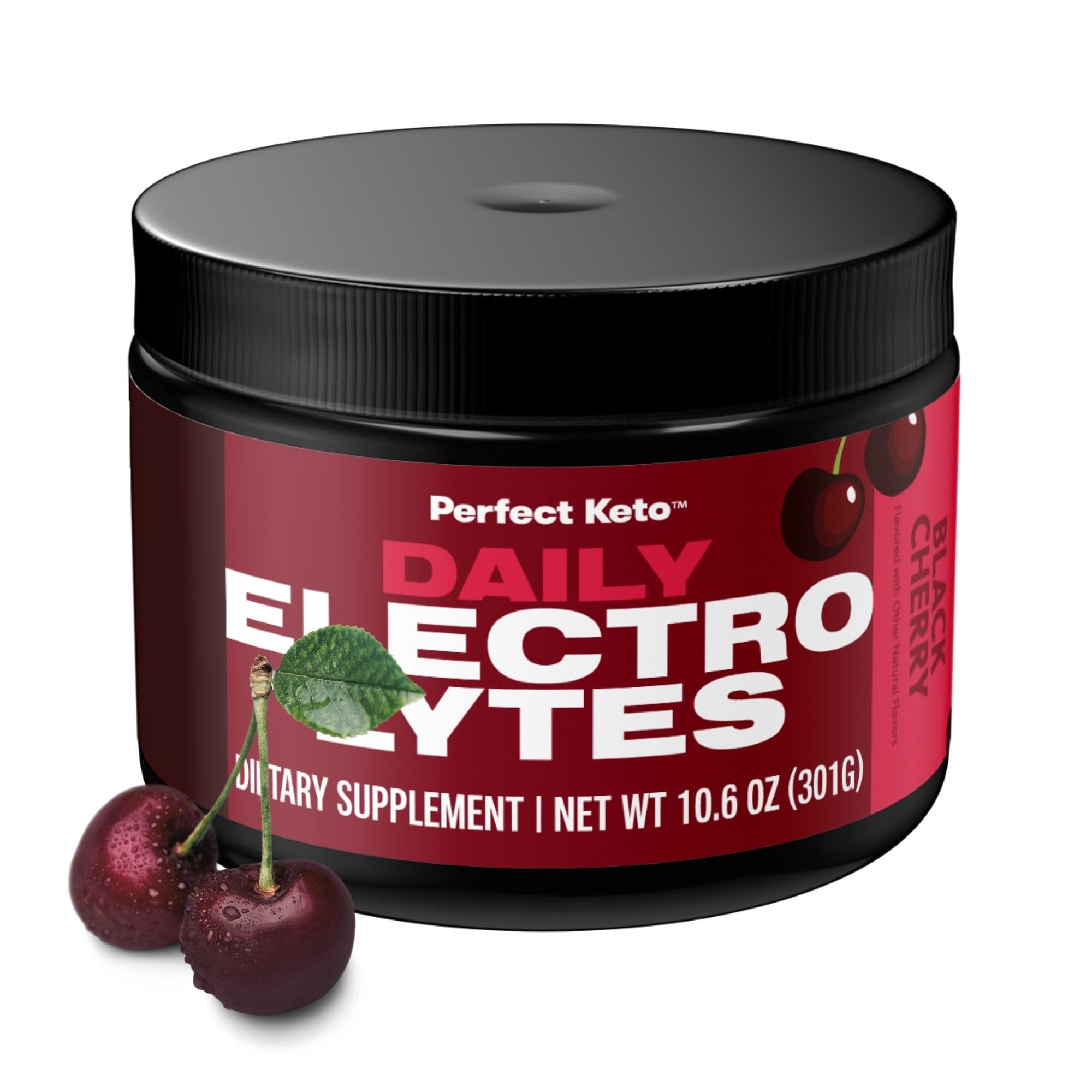 Perfect Keto envase frontal sabor Cereza Negra mostrando etiqueta y beneficios