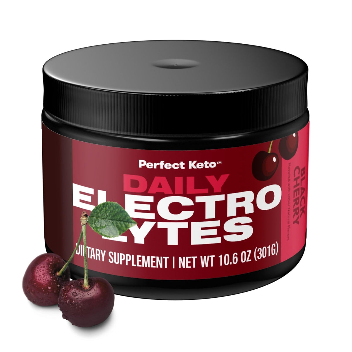 Perfect Keto envase frontal sabor Cereza Negra mostrando etiqueta y beneficios