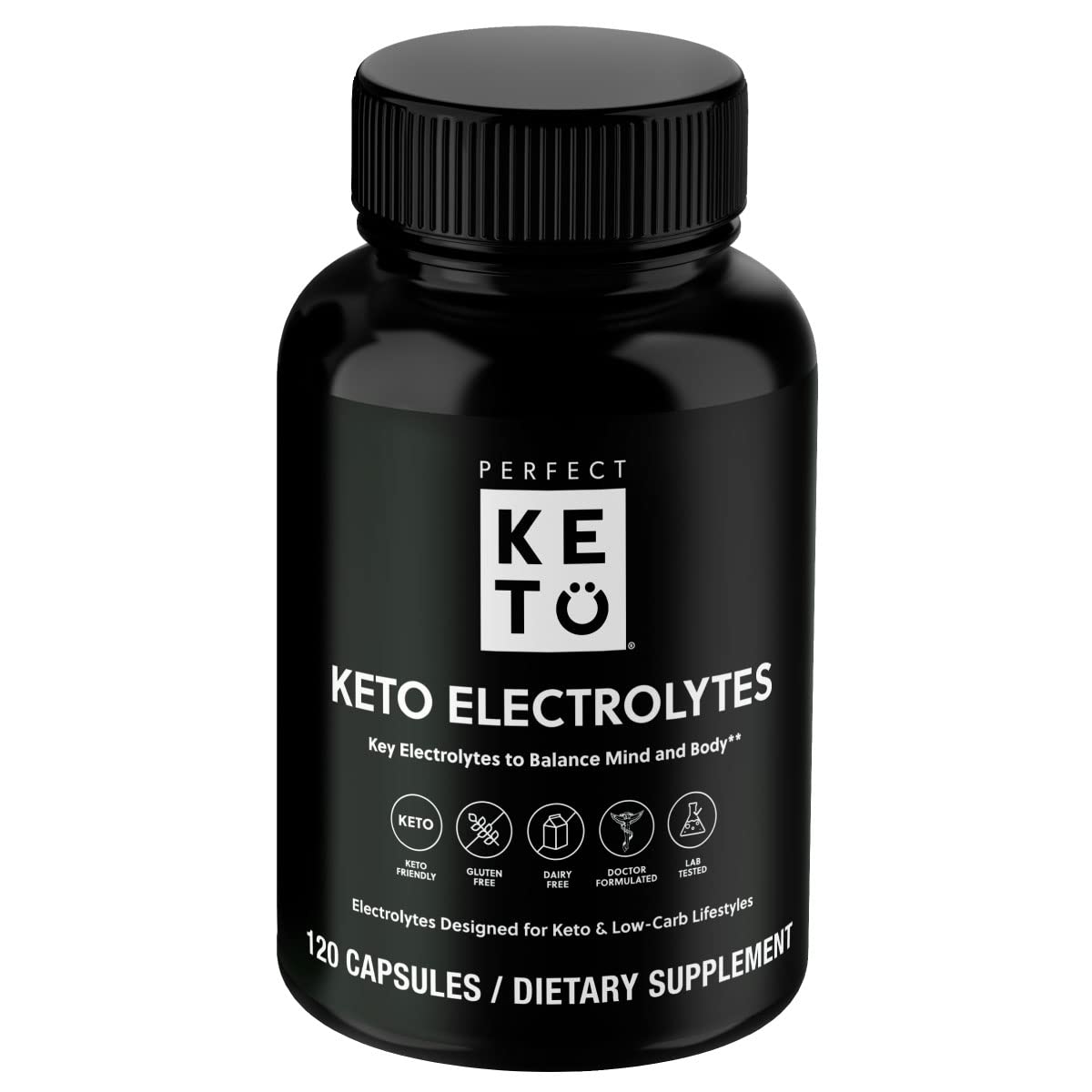 Perfect Keto, vista frontal del envase que muestra 120 servicios y beneficio de electrolitos