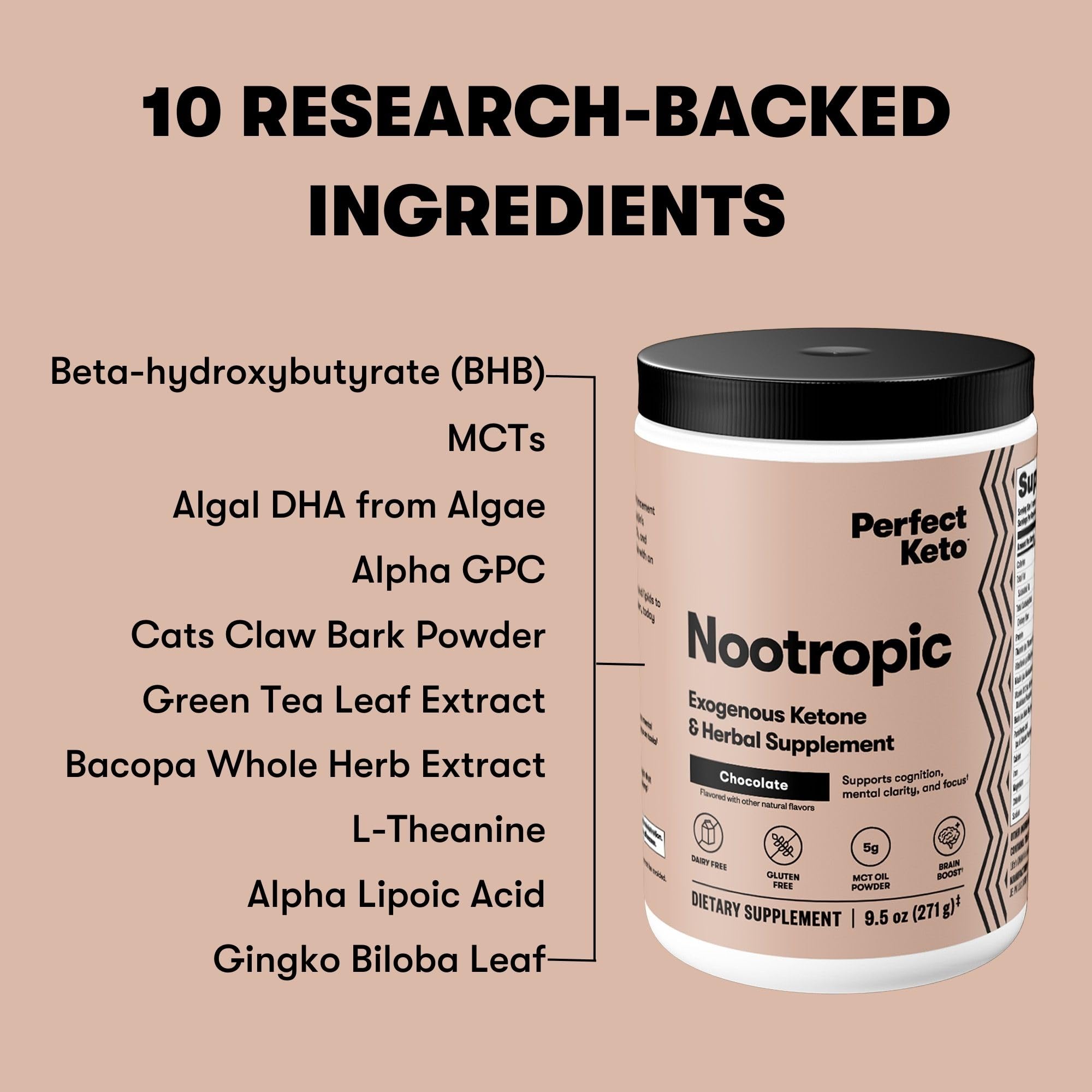 Perfect Keto ingredientes clave mostrados: BHB, alpha GPC y MCTs